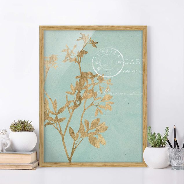 Poster con cornice - Foglie D'Oro Su Turquoise I - Verticale 4:3