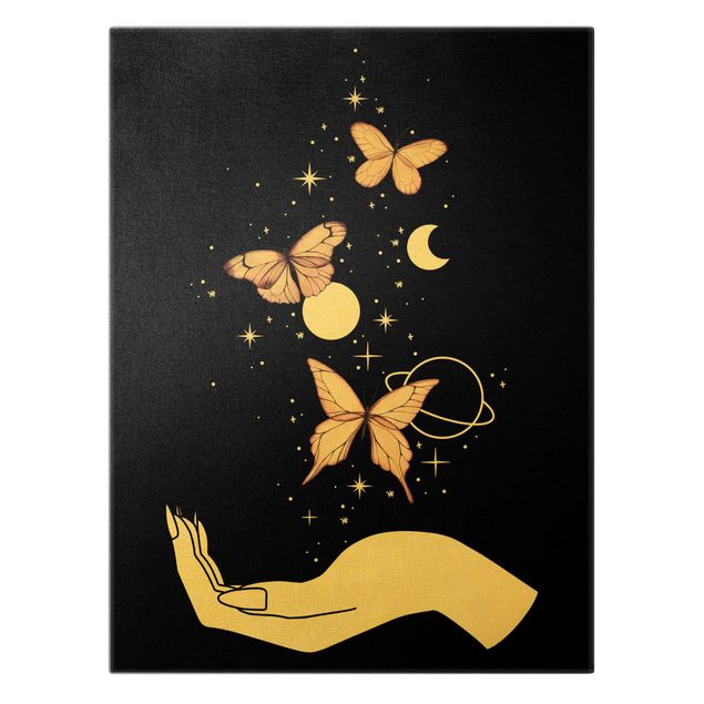 Quadro su tela oro - Mano magica - Farfalle rosa