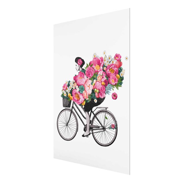 Quadro in vetro - Illustrazione Donna in bicicletta Collage fiori variopinti - Verticale 4:3