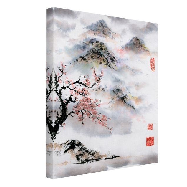 Tele con paesaggi Disegno acquerello giapponese Ciliegio e montagne