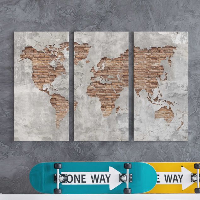 Stampe su tela vintage Mappa del mondo in mattoni e cemento shabby