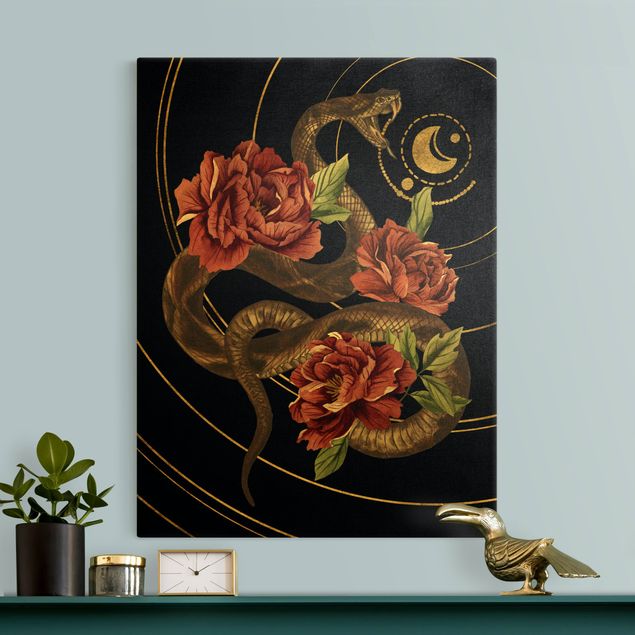 Riproduzione quadri su tela Serpente con rose nero e oro II