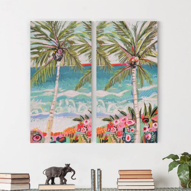 Stampe su tela paesaggio Palma con fiori rosa Set I
