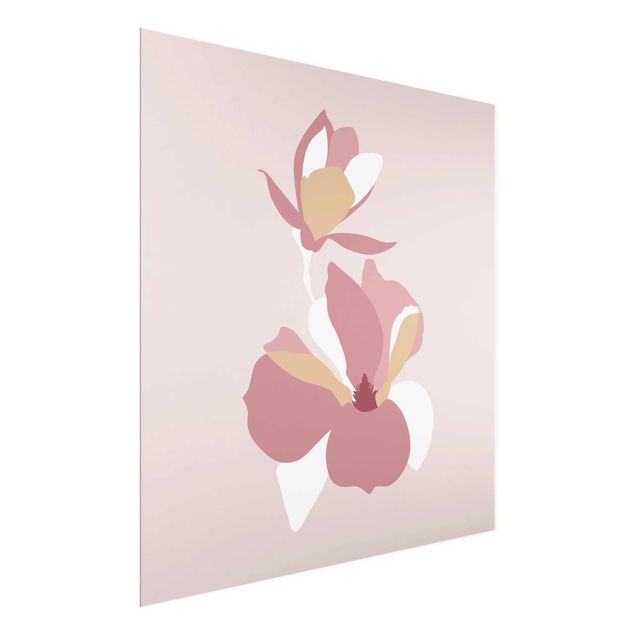 Quadro in vetro - Line Art Fiori rosa pastello - Quadrato 1:1