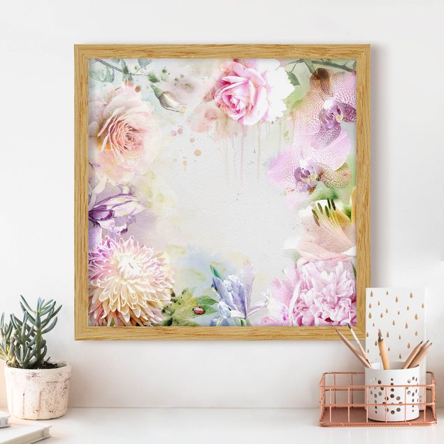 Poster con cornice - Watercolor Mix Of Pastel Blossoms - Quadrato 1:1