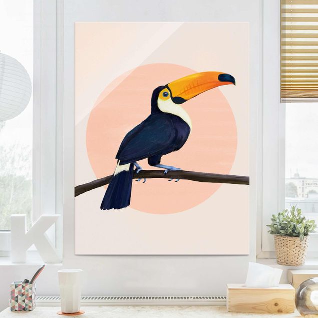Quadro in vetro - Illustrazione Uccello Toucan pastello pittura - Verticale 4:3