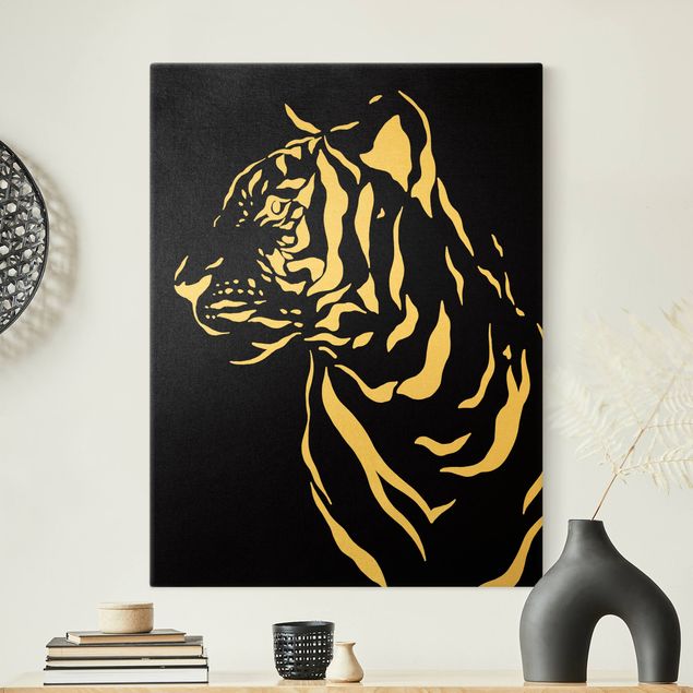 Stampe su tela oro Animali del Safari - Ritratto di tigre nero