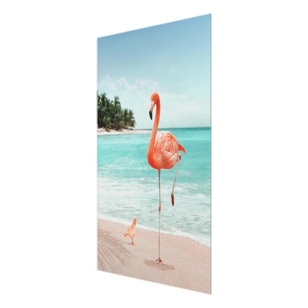 Quadro in vetro - Spiaggia Con Flamingo - Verticale 3:2