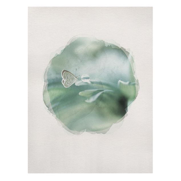 Stampa su tela Acquerelli - Farfalla e gocce di rugiada in verde pastello