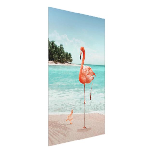 Quadro in vetro - Spiaggia Con Flamingo - Verticale 3:2