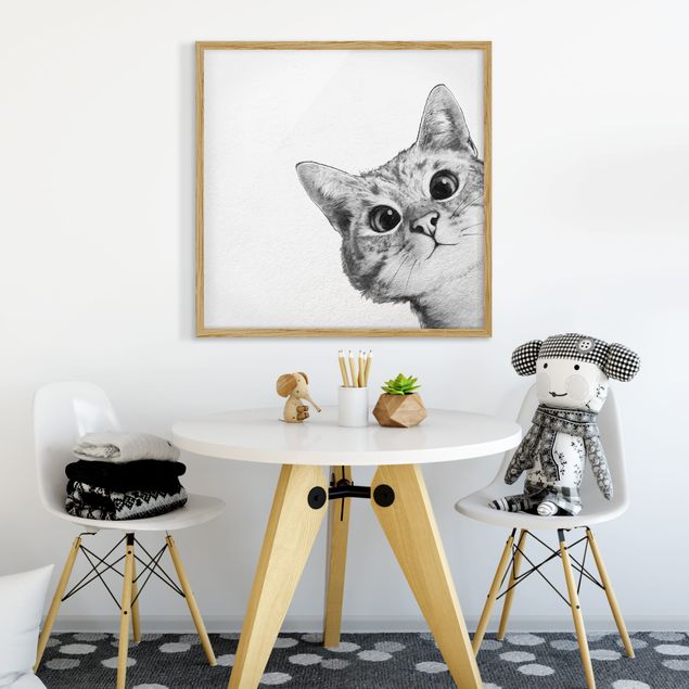 Poster con cornice - Illustrazione Cat Disegno Nero Bianco - Quadrato 1:1