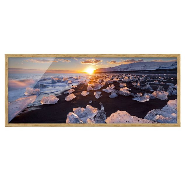 Poster con cornice - Pezzi Di Ghiaccio Sulla Spiaggia Islanda - Panorama formato orizzontale