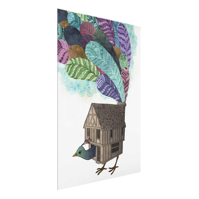 Quadro in vetro - Illustrazione Bird House con le piume - Verticale 4:3