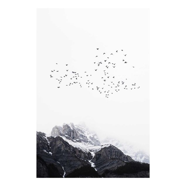 Quadro in vetro - Stormo di uccelli davanti a montagne bianco e nero - Verticale 3:2
