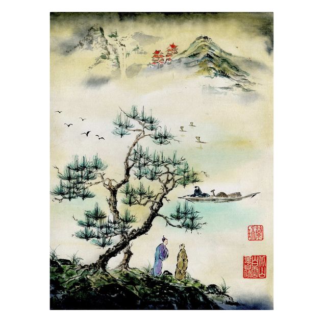 Quadri su tela Disegno acquerello giapponese pino e villaggio di montagna