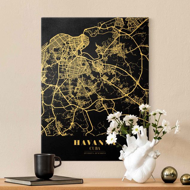 Stampa su tela oro Mappa della città di L'Avana - Nero classico
