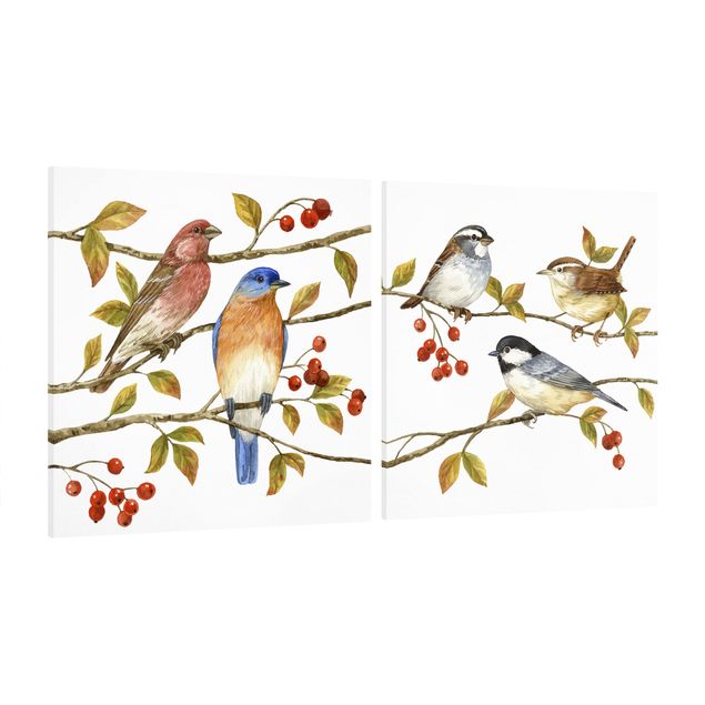 Stampe su tela vintage Uccelli e bacche Set I