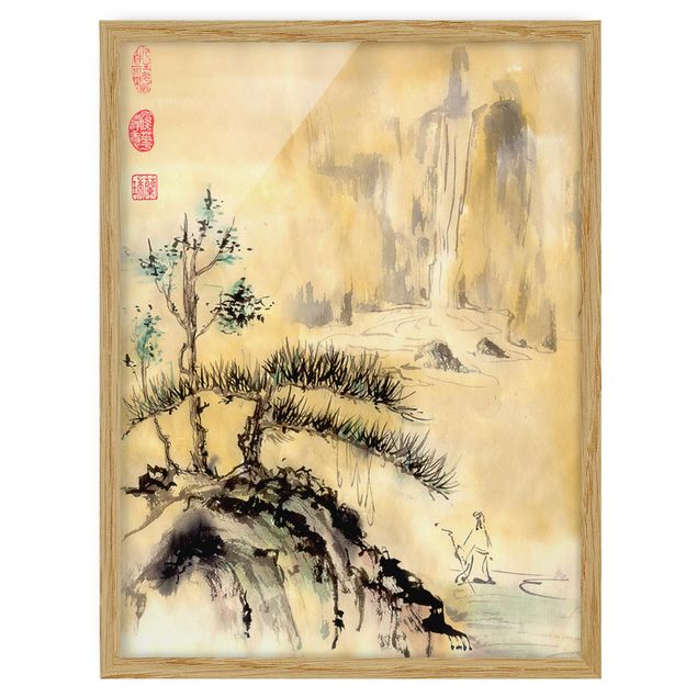 Poster con cornice - Giapponesi Acquerello cedri e Monti - Verticale 4:3