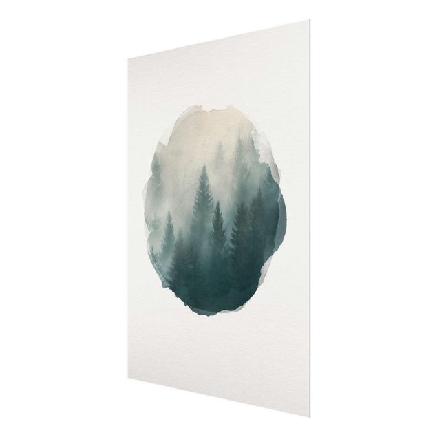 Quadro in vetro - Acquarelli - foreste di conifere in caso di nebbia - Verticale 4:3