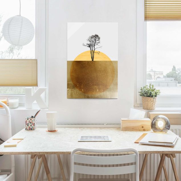 Quadro in vetro - Sole dorato con albero - Verticale 3:2