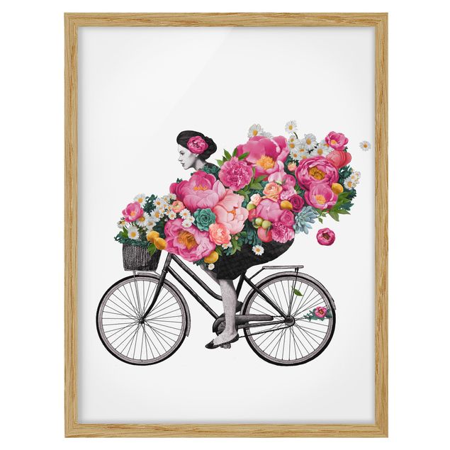Poster con cornice - Illustrazione Donna in bicicletta Collage fiori variopinti - Verticale 4:3