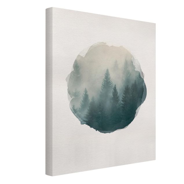 Stampa su tela Acquerelli - Foresta di conifere nella nebbia