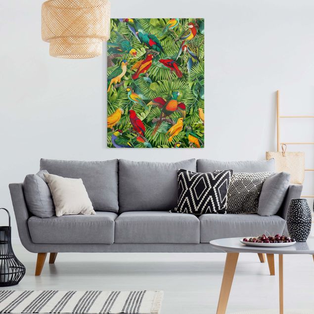 quadri con animali Collage colorato - Pappagalli nella giungla