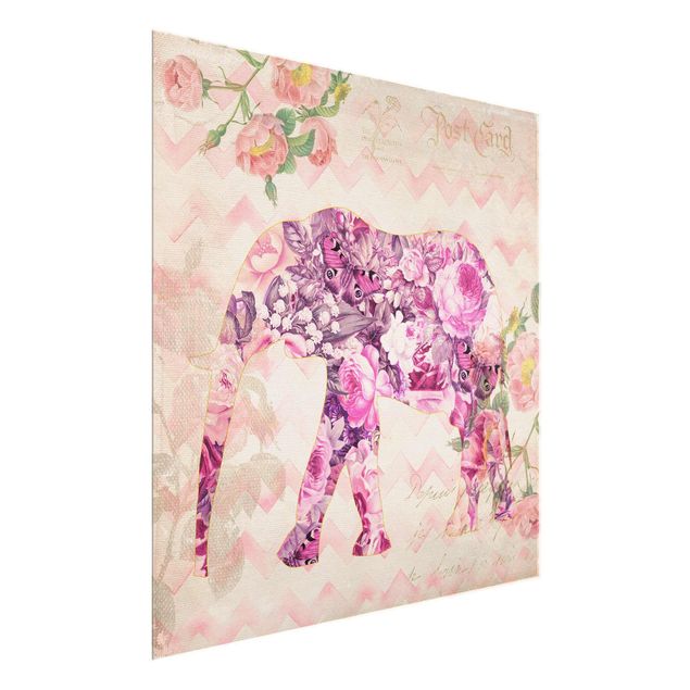 Quadro in vetro - Vintage Collage - Pink Elephant Fiori - Quadrato 1:1