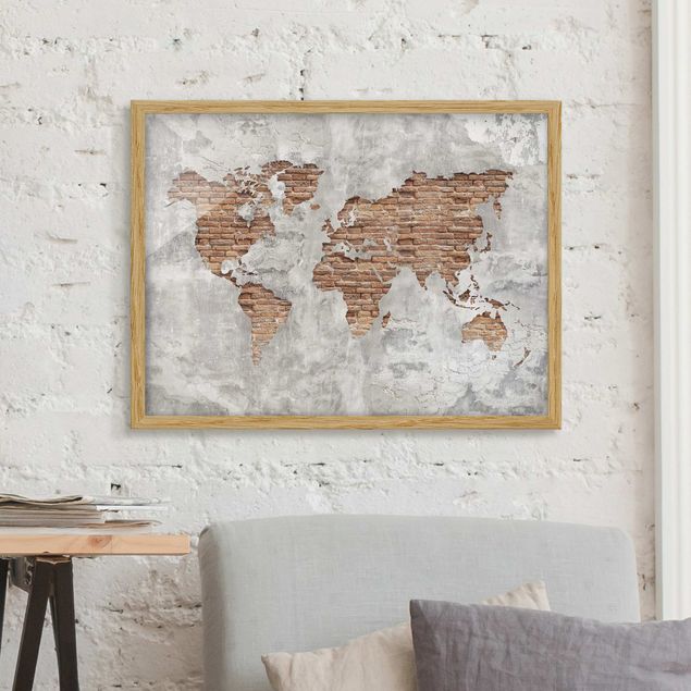 Poster con cornice - Shabby Concrete Brick World Map - Orizzontale 3:4