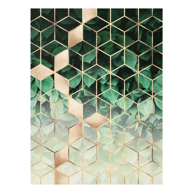 Quadro in vetro - Verde Foglie d'oro Geometria - Verticale 4:3