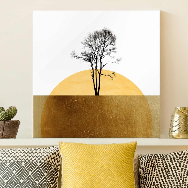 Lavagna magnetica in vetro Sole d'oro con albero