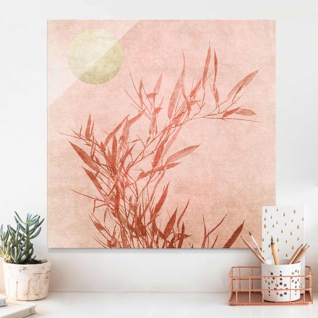 Lavagna magnetica in vetro Bambù rosa sole dorato