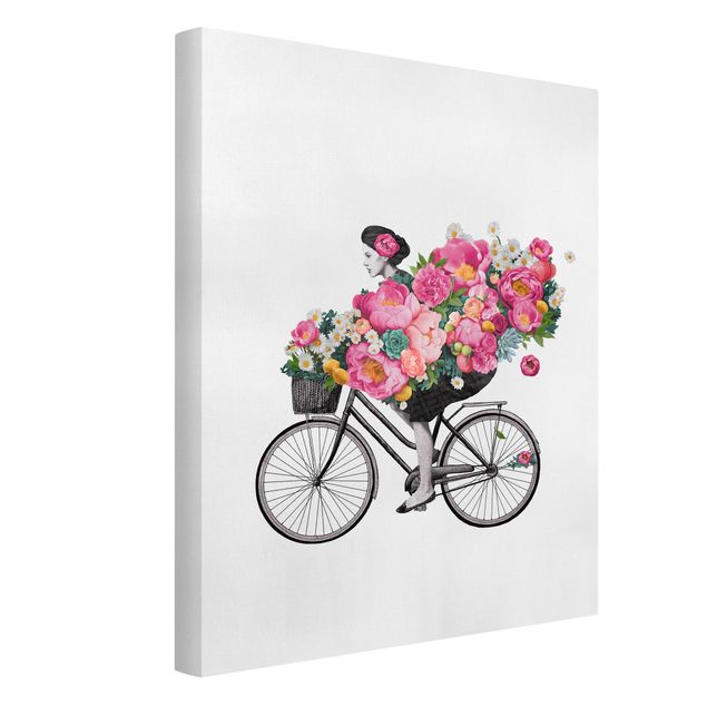 Quadri moderni per soggiorno Illustrazione - Donna in bicicletta - Collage di fiori colorati