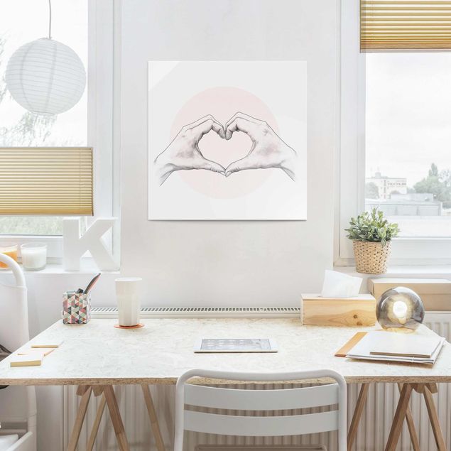 Lavagna magnetica in vetro Illustrazione - Cuore Mani Cerchio Rosa Bianco
