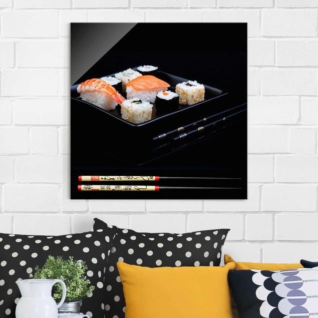 Lavagna magnetica in vetro Piatto di sushi con bacchette nere
