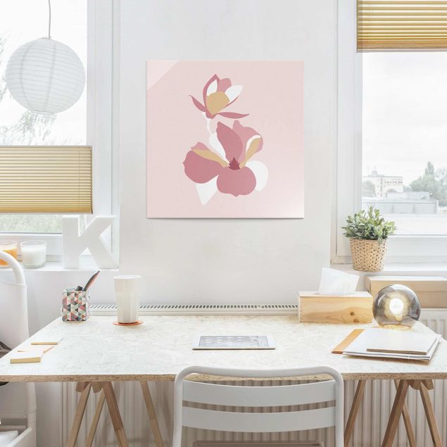Lavagna magnetica vetro Line Art - Fiori Rosa Pastello
