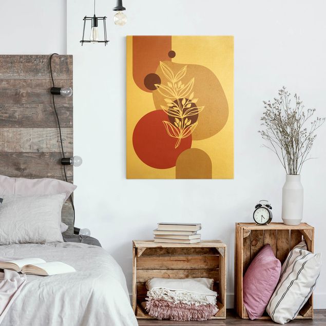 Quadri moderni per soggiorno Forme geometriche - Foglie Oro Rosa