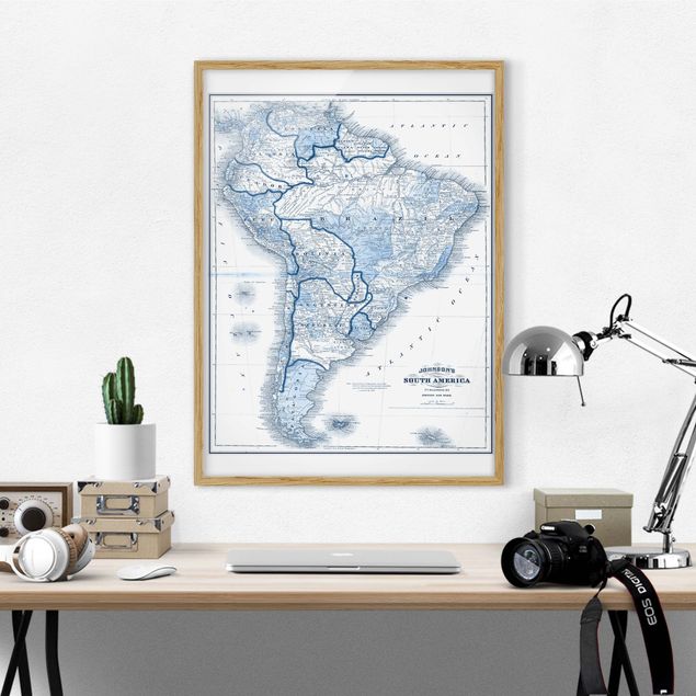 Poster con cornice - Mappa In Toni Di Blu - America Del Sud - Verticale 4:3