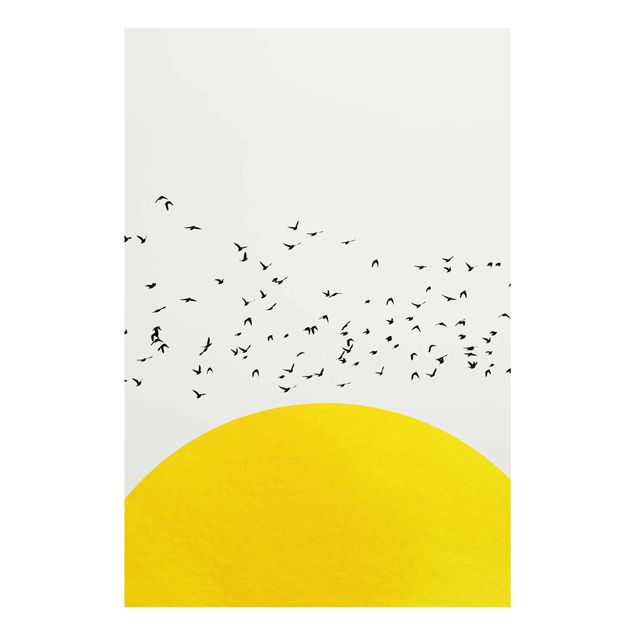 Quadro in vetro - Stormo di uccelli davanti al sole dorato - Verticale 3:2