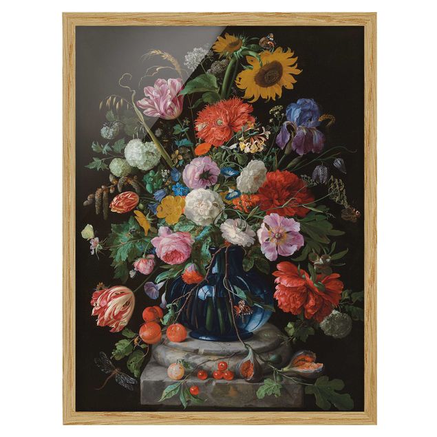Poster con cornice - Jan Davidsz De Heem - Tulips, A Sunflower, An Iris And Other Flowers In A Glass Vase On The Marble Base Of A Column - Verticale 4:3
