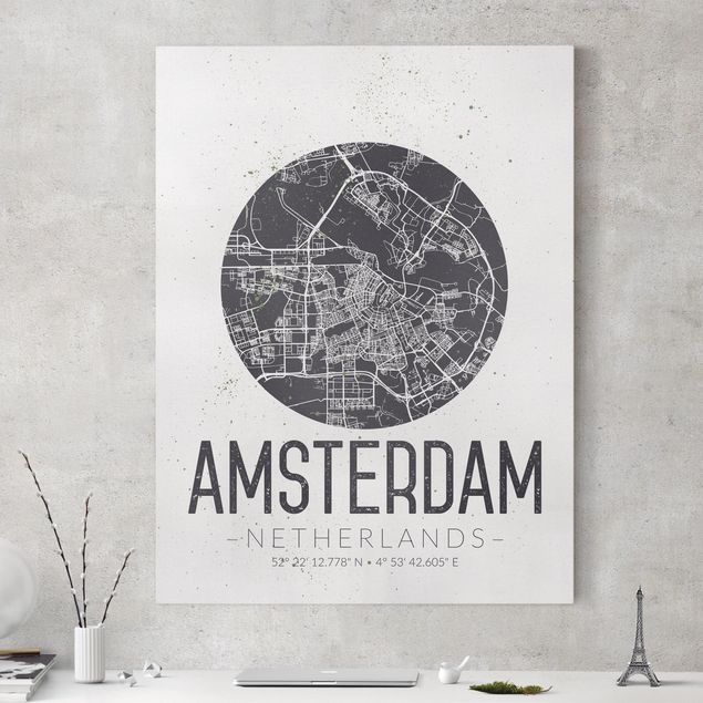 Stampa su tela bianco e nero Mappa della città di Amsterdam - Retrò