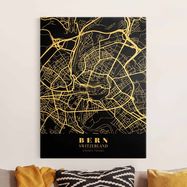 Stampe su tela oro Mappa della città di Berna - Nero classico