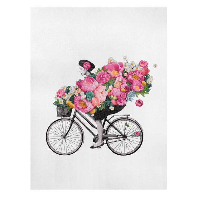 Stampa su tela Illustrazione - Donna in bicicletta - Collage di fiori colorati