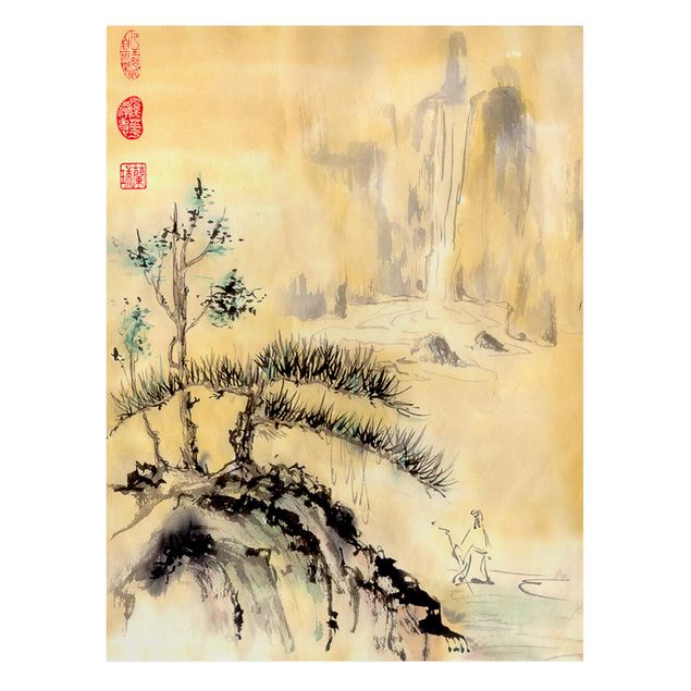 Stampe su tela Disegno acquerello giapponese Cedri e montagne