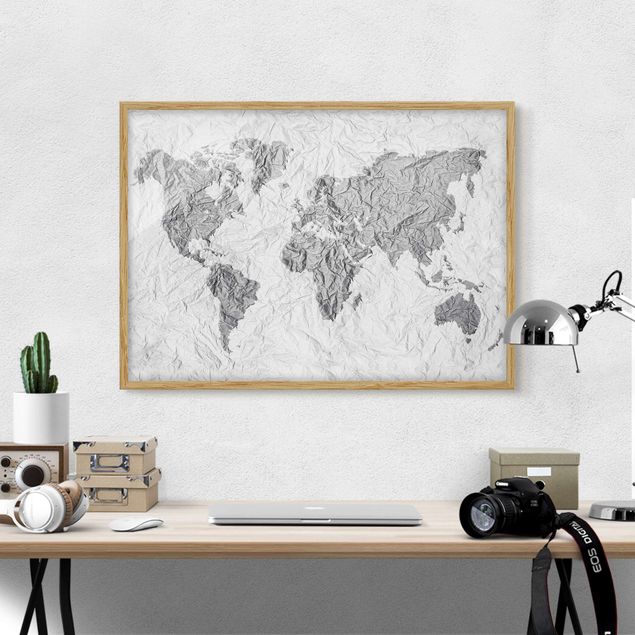 Poster con cornice - Paper World Map White Gray - Orizzontale 3:4
