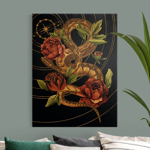 Riproduzioni su tela quadri famosi Serpente con rose oro e nero IV