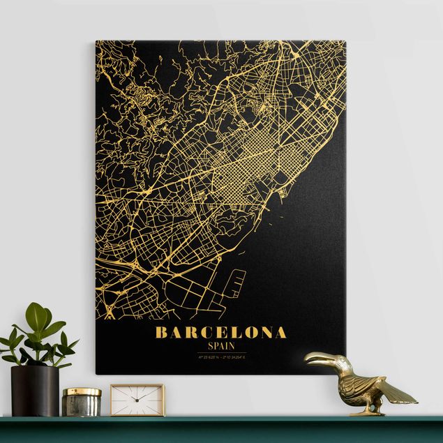 Stampa su tela oro Mappa della città di Barcellona - Nero classico