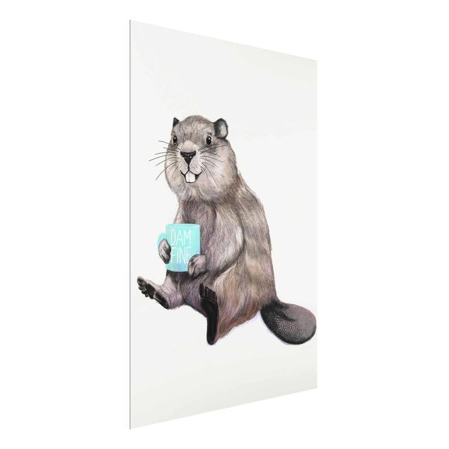 Quadro in vetro - Illustrazione Beaver con tazza di caffè - Verticale 4:3
