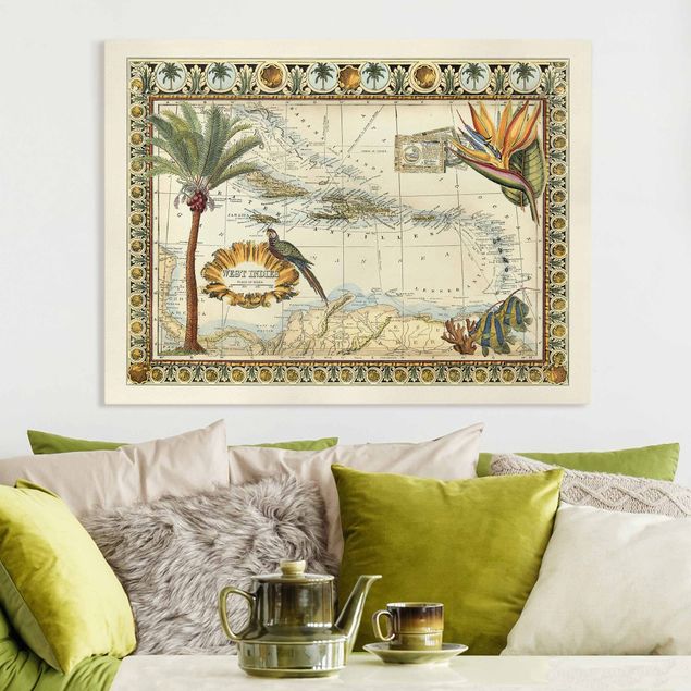 Quadro su tela fiori Mappa tropicale vintage delle Indie Occidentali