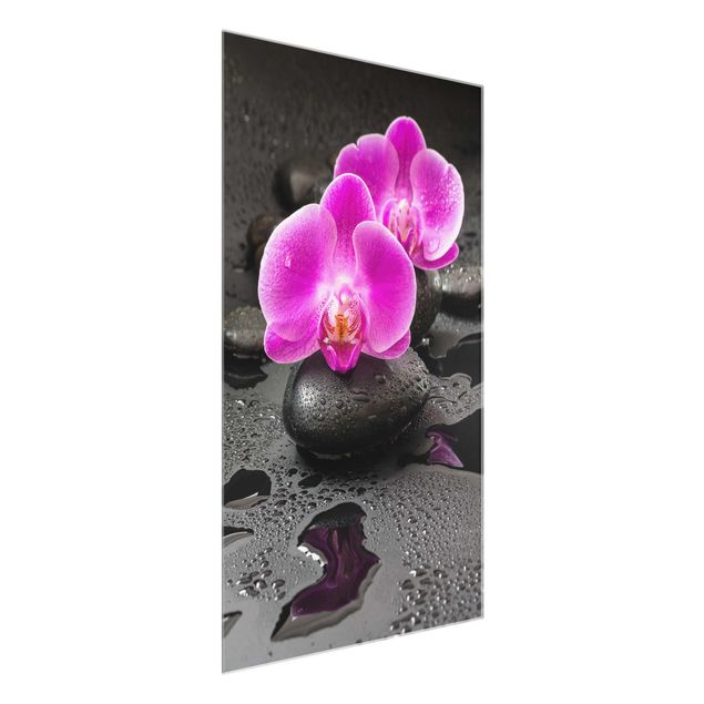 Quadro in vetro - Pink Orchid Fiori Sulle Pietre Con Le Gocce - Verticale 3:2